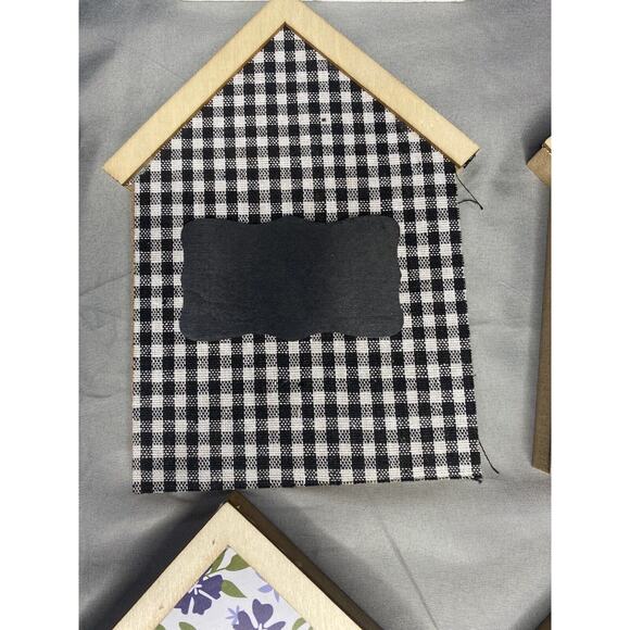 Lot of seven Gingham Wood Block Sign Chalkboard Look Tag Decor House Shaped - Picture 7 of 10